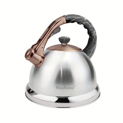 The HausRoland Tea Kettle is a 4.5L stainless steel stovetop teapot that whistles when water is boiling. It is compatible with gas and induction stovetops and does not require electricity to use. This food-grade water kettle comes with a whistle for