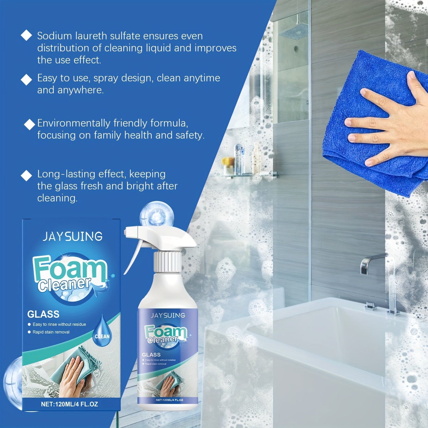 Glass Foam Cleaner that leaves no streaks, effectively removes oil and stains. Perfect for cleaning windows and doors with its palm acid formula.