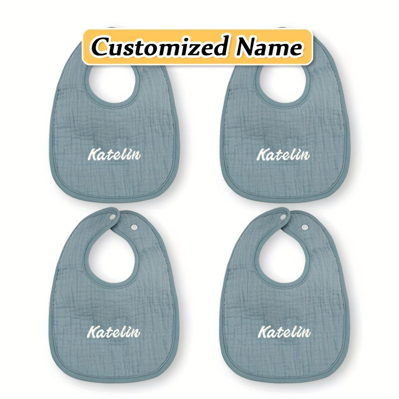 Set of four custom bibs with personalized names - made of soft, breathable, and highly absorbent material with adjustable snap closure. Perfect for newborns and makes a great gift for Christmas, New Year, or Halloween.