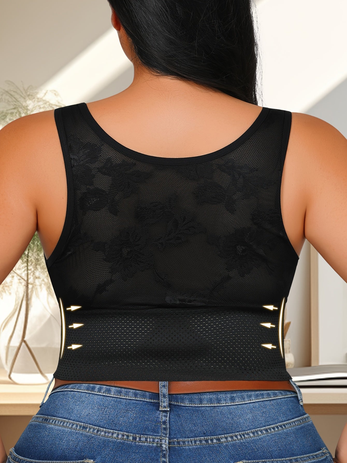 Black lace-trimmed vest for women with front buckle, mesh panels, floral print, adjustable straps, nylon & elastane blend, hand washable - enhances posture.