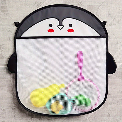 Penguin, hamster, and bear design bathroom storage organizer with water resistant mesh, suction cups for shower, and plastic hanging bag.