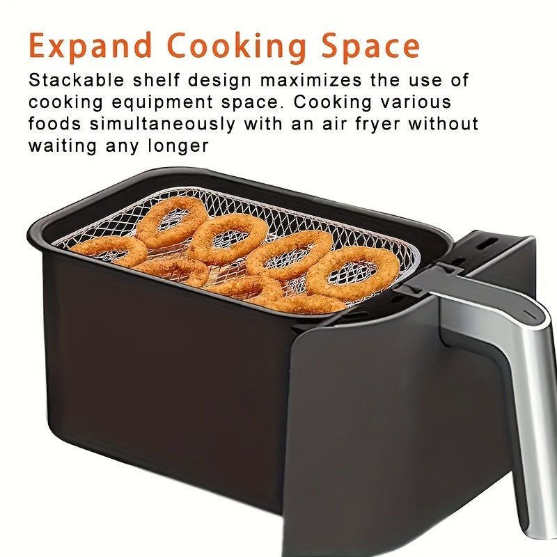 Get two pieces of 304 Stainless Steel Air Fryer Accessories that includes a multipurpose rectangular rack and stackable microwave stand. This food contact safe kitchen tool is compatible with most air fryers, making cooking easy and convenient.