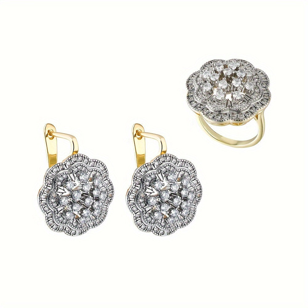 Stunning 18K Gold-Plated Copper Flower Earrings and Ring Set adorned with Synthetic Cubic Zirconia, Perfect for Women. Featuring a Luxurious and Elegant Dual-Tone Hollow Design, Ideal for Daily Wear or Wedding Events.