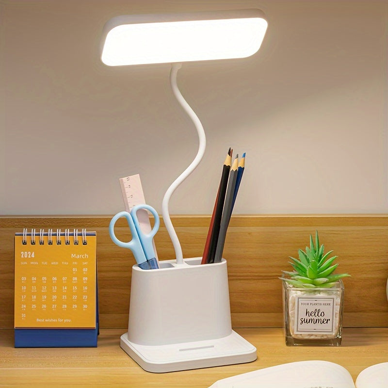 LED Desk Lamp with Pen Holder, Touch Control, Dimmable & Color-Changing, USB/Battery Powered - Ideal for Students & Home Offices, White.