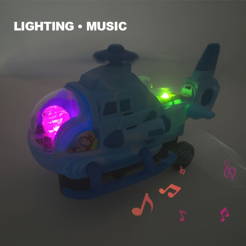 Toy electric helicopter for kids with lights and music, can rotate 360 degrees, made of sturdy plastic, perfect for boys and girls, great for holidays and playtime.