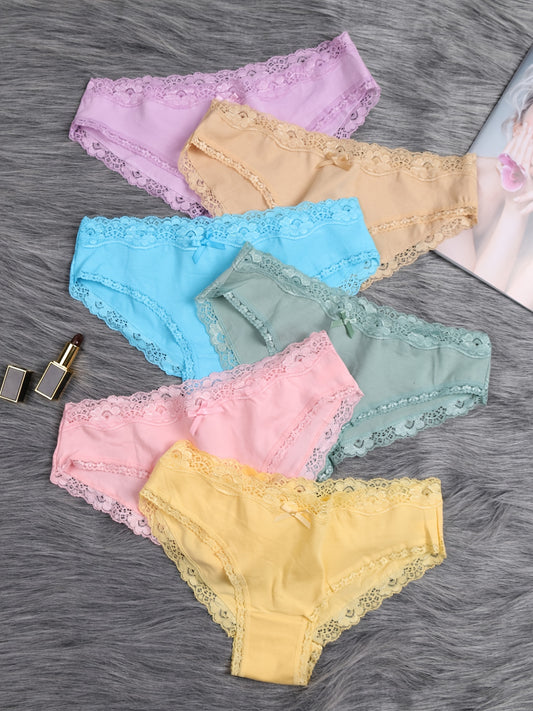 6-pack of women's low-rise lace panties, breathable bikini style.