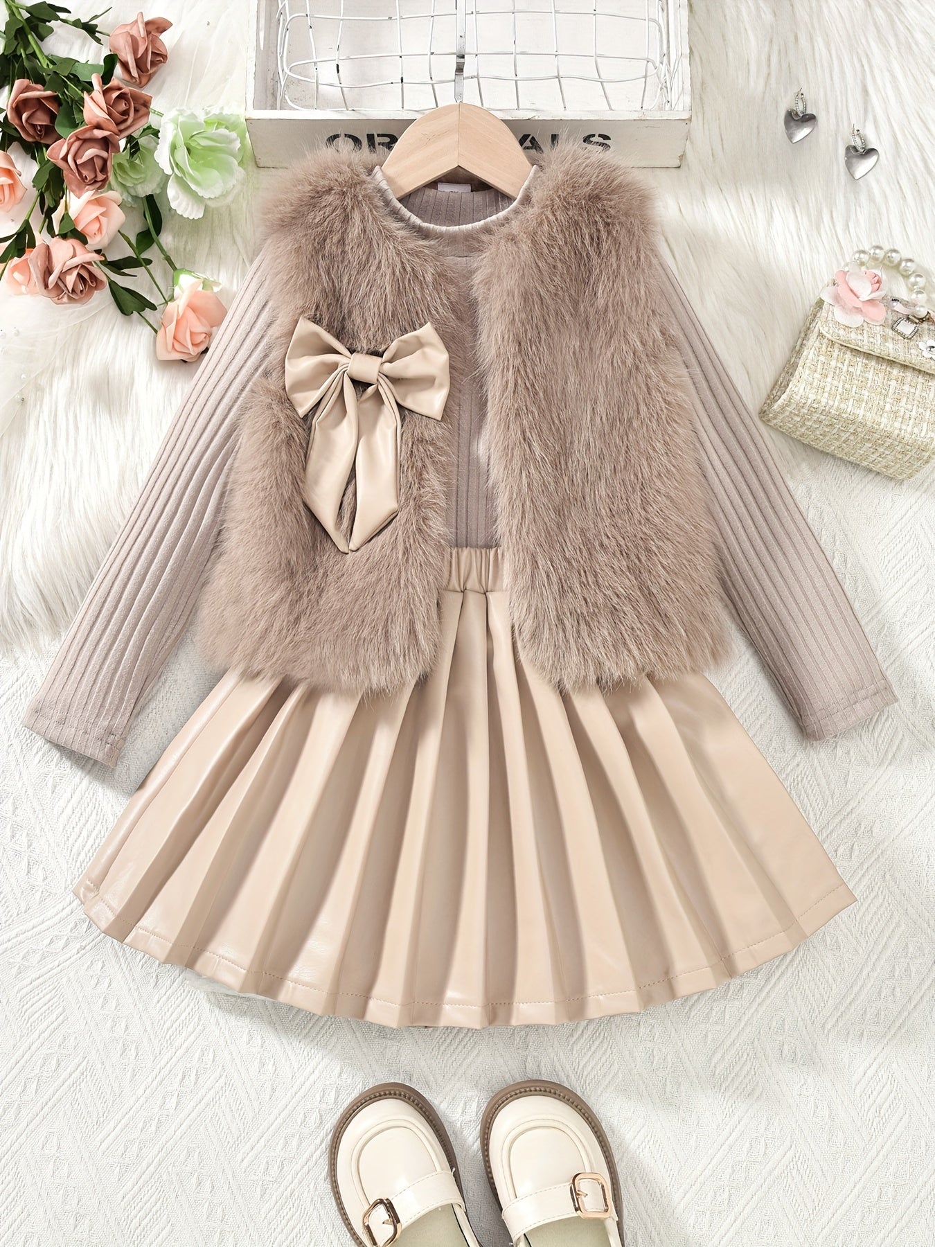 Girls' 3-piece knit set with mock neck top, pleated skirt, and furry bow vest for fall/winter outdoor wear