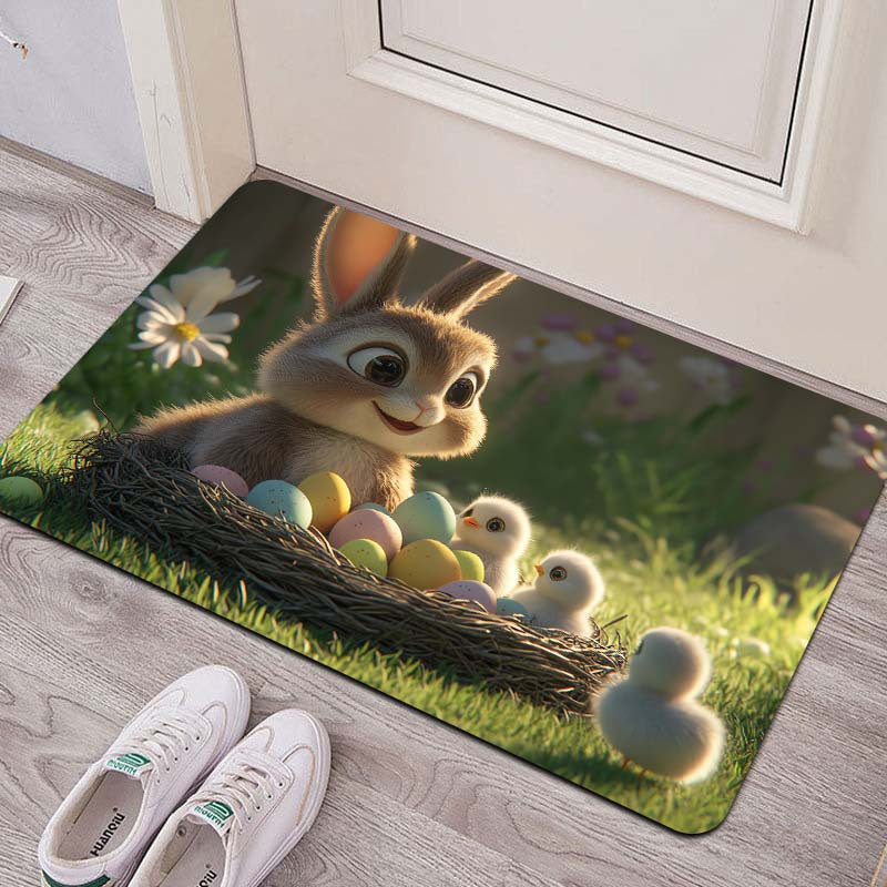 Easter-themed Rug featuring Adorable Rabbit and Chicks design, 8mm Thick Polyester Material for Anti-Slip Properties, Easily Washable Rectangle Mat suitable for Kitchen, Living Room and Bedroom Decor