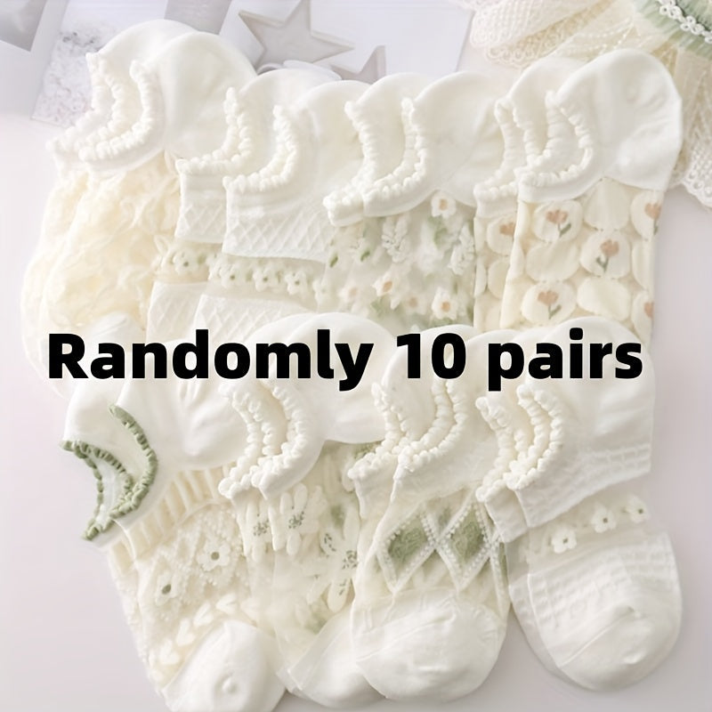 10pcs Ultra-Thin Breathable No-Show Socks for Women with Delicate Floral & 3D Textured Design, Cotton Blend, Ideal for Spring/Autumn in White. Features Intricate Embellishments and Cute