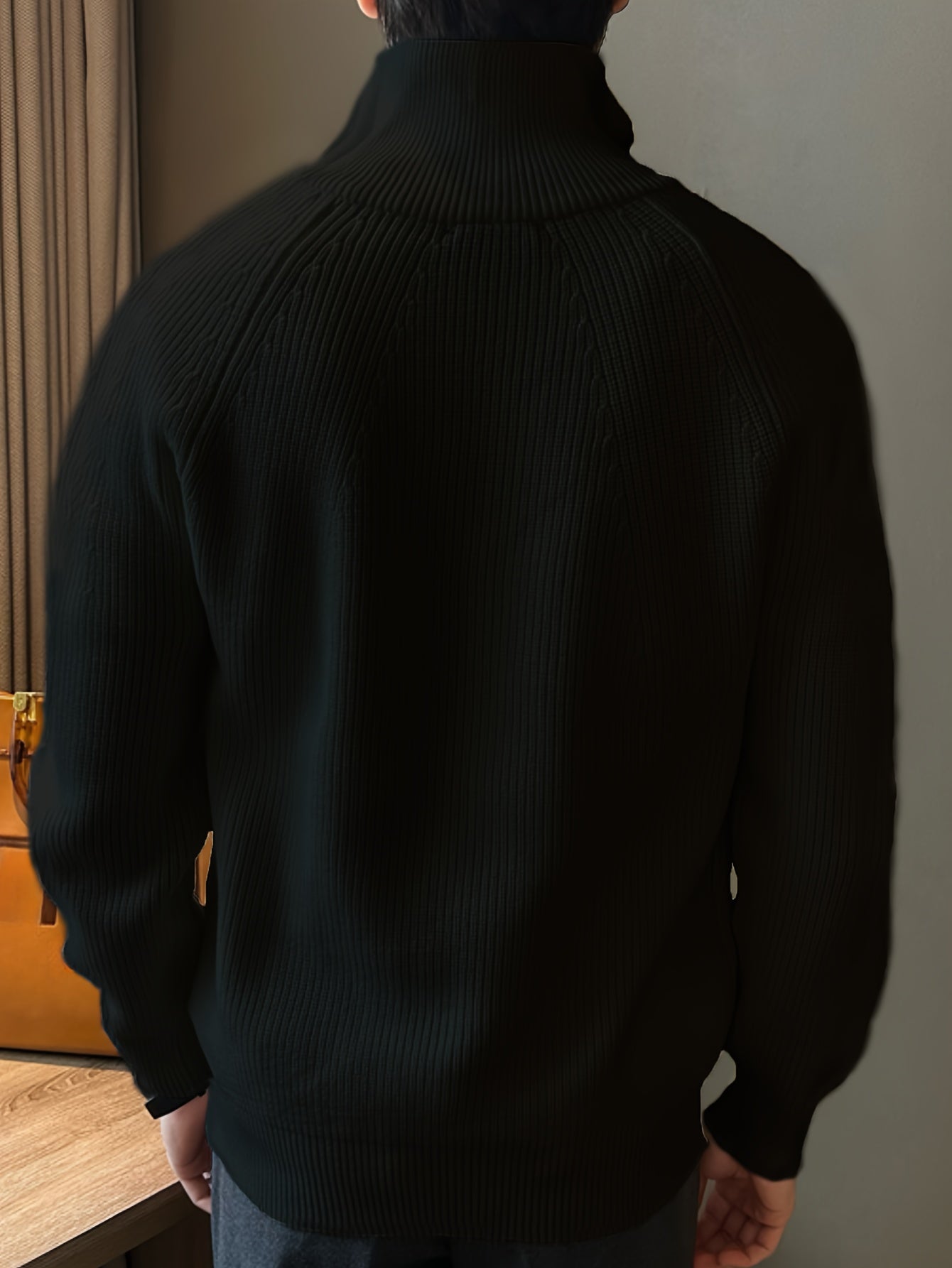 Men's knitted sweater with long sleeves, half zipper, and lapel for winter and fall.