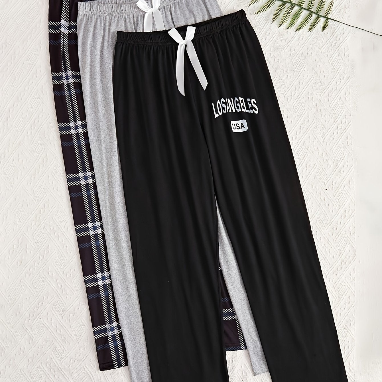 3 Pcs Women's Lounge Bottoms - Soft, Loose Fit Pants with Elastic Waistband, featuring Solid, Letter, and Plaid Prints.