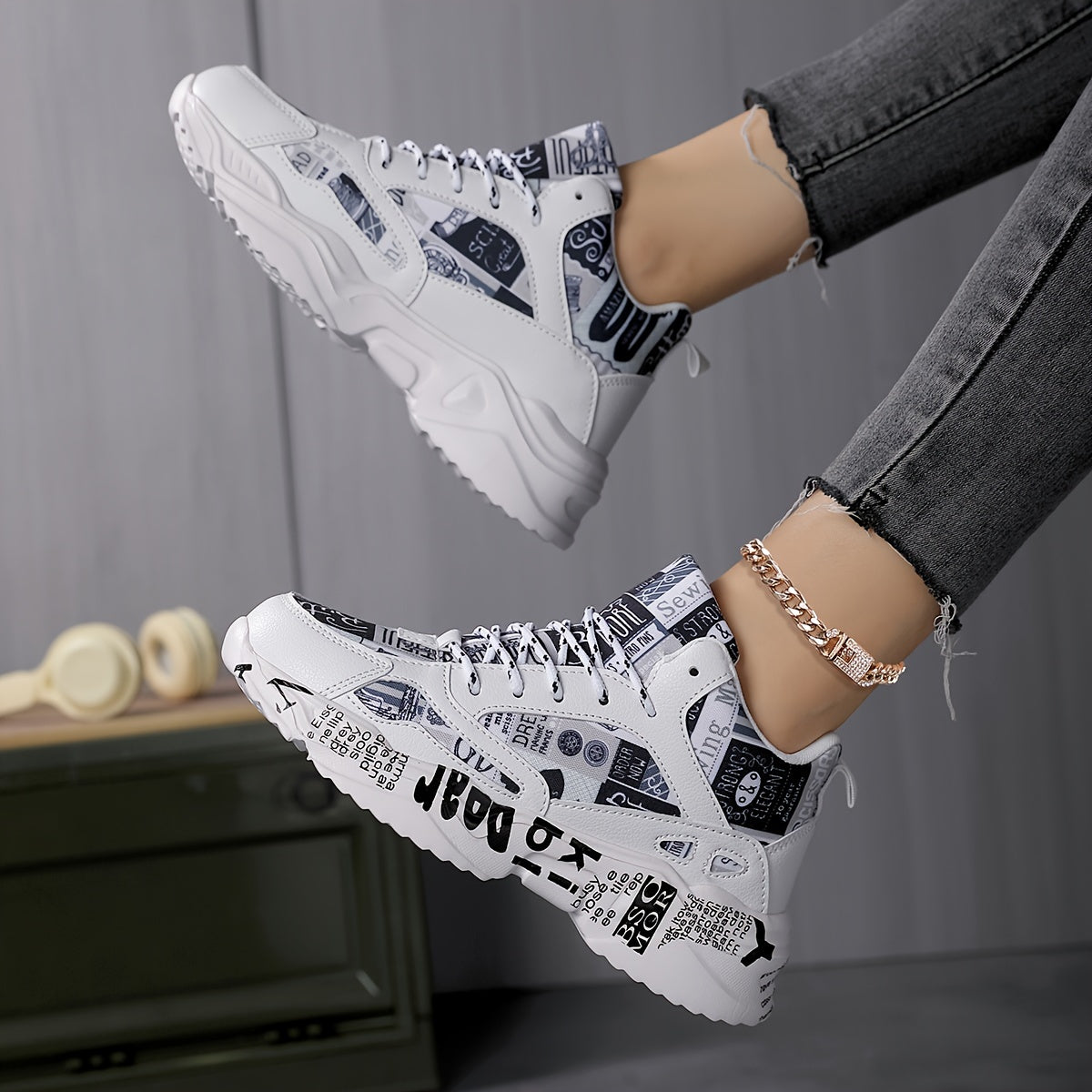 Breathable chunky sneakers with bold letter print & denim-like fabric, comfortable, lightweight all-season running shoes for men and women, urban streetwear shoes, midtop sneakers with