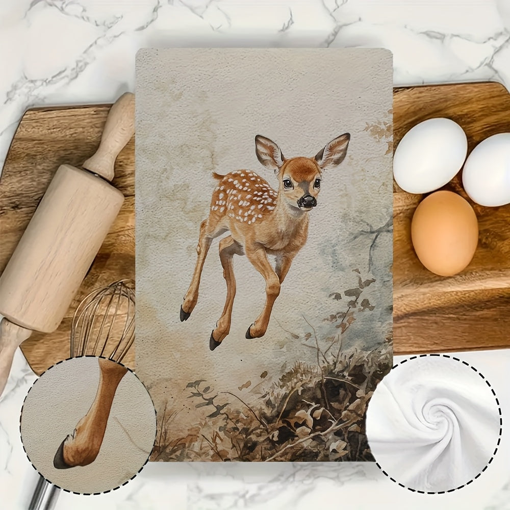 This set includes 2 ultra-soft kitchen towels showcasing a young fawn joyfully exploring its surroundings. These highly absorbent dish towels are ideal for holiday decor, can be easily washed in a machine, and measure 40.64X60.96 cm.