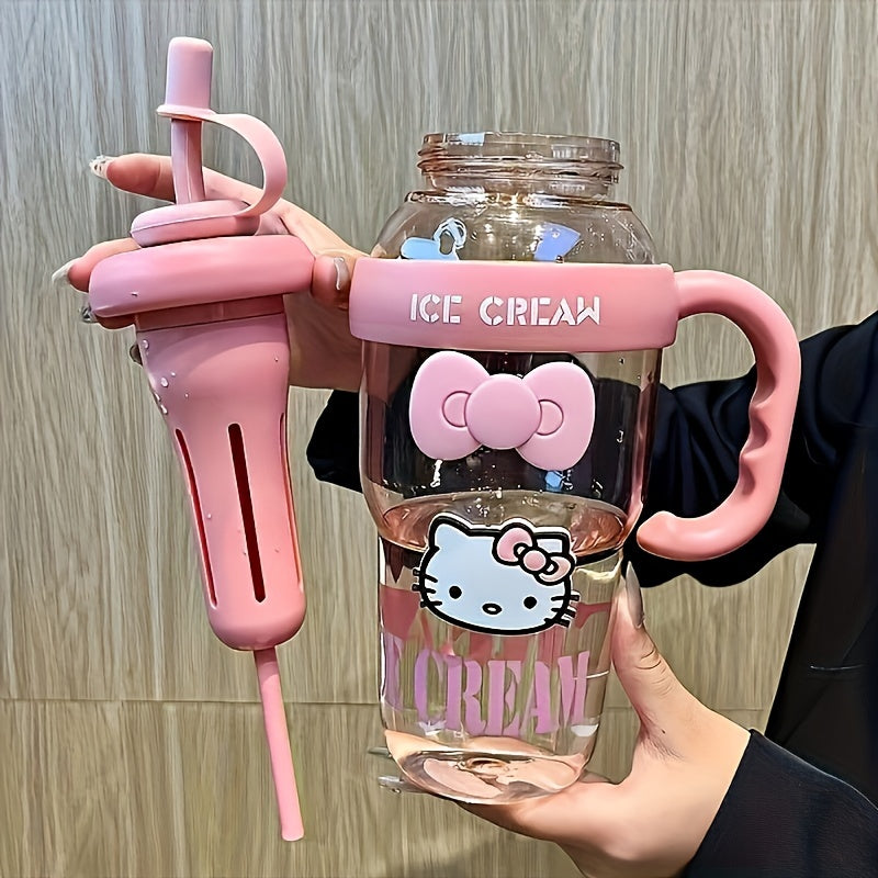 Large Sanrio Hello Kitty water bottle with straw, ideal for sports, office, camping, home, and school use. Made from high-temperature resistant PET plastic.