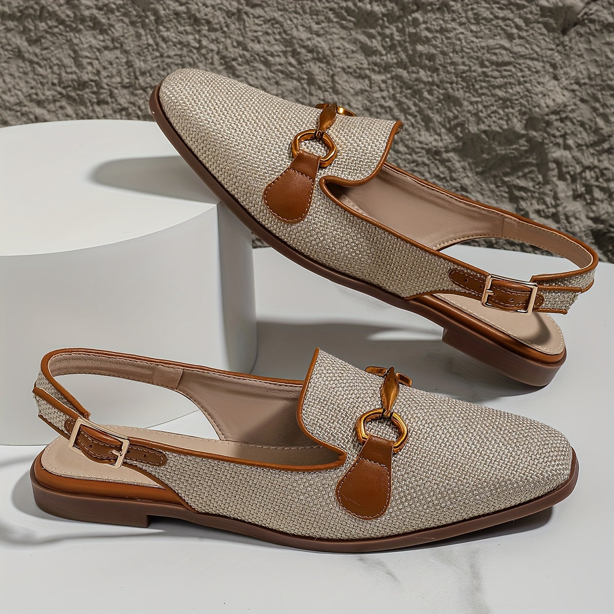 Brown Linen Square Toe Summer Sandals for Women with Metal Buckle