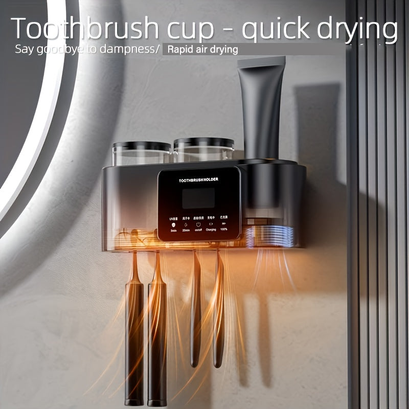 Wall-mounted Toothbrush Holder with quick-drying cup, rechargeable battery, USB charging, modern design, and durability.