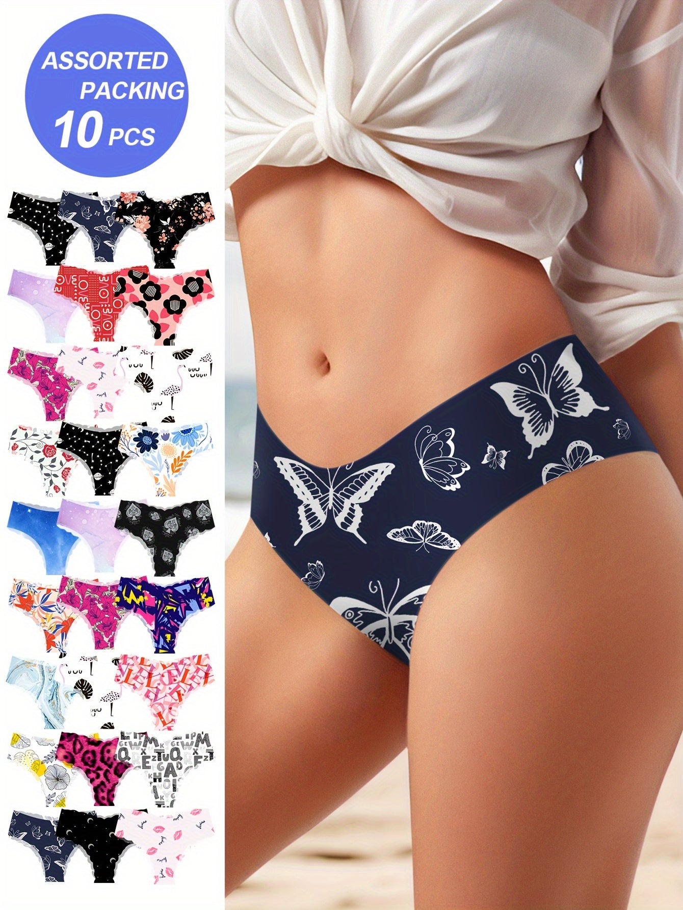 10 Traceless, comfortable and breathable women's underwear with fashionable art print design and low waist fit, perfect for daily wear.