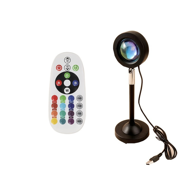 USB-powered sunset projection lamp with 16 color options, eye-safe night light and floor lamp. Features remote control, 360° rotating ambient lighting. Ideal for bedroom, parties, weddings.