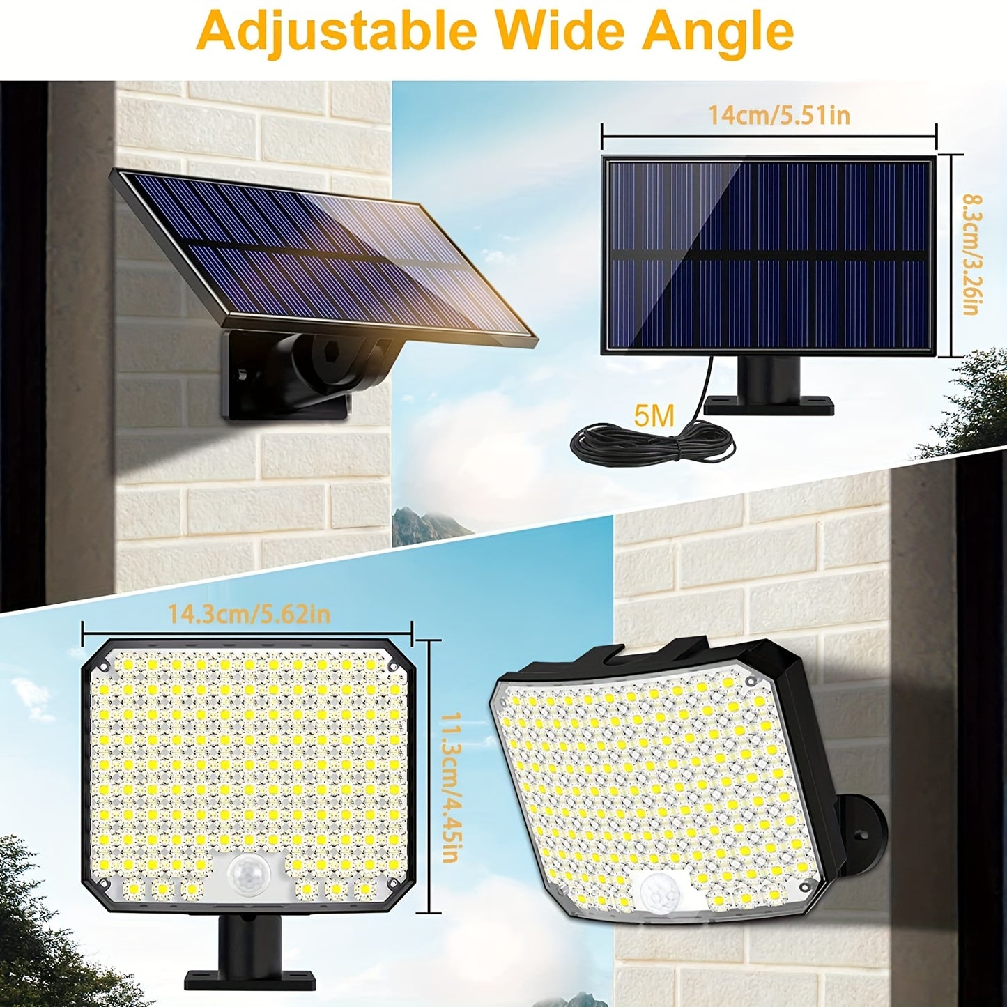 118 LED Solar Motion Sensor Flood Lights with Remote Control, 5.03m Cable, for Outdoor Security