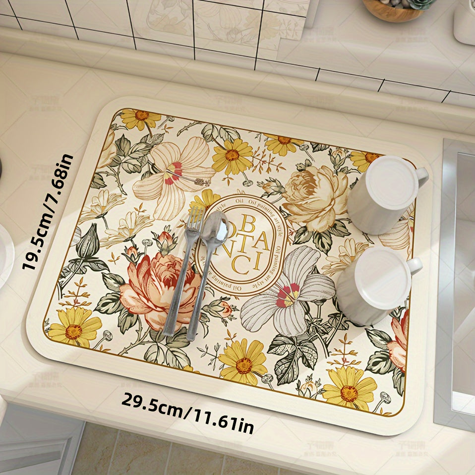 Floral Pattern Coffee Machine Mat, Multi-Functional Dish Drying Pad with Silica Gel Non-Slip Soft Pad for Kitchen and Bathroom. Easy to Clean with Polyester Cover and Silica Gel Material.