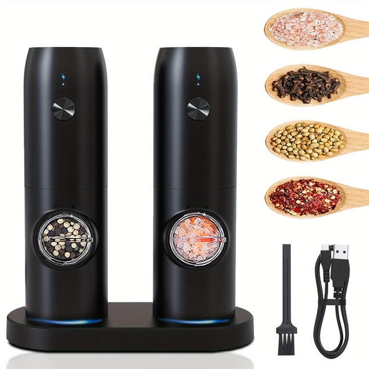 [Top Pick] Set of 2 Rechargeable Electric Pepper and Salt Grinders, Automatic Operation with LED Light, Adjustable Coarseness, USB Charging Base, One-Handed Operation, Black