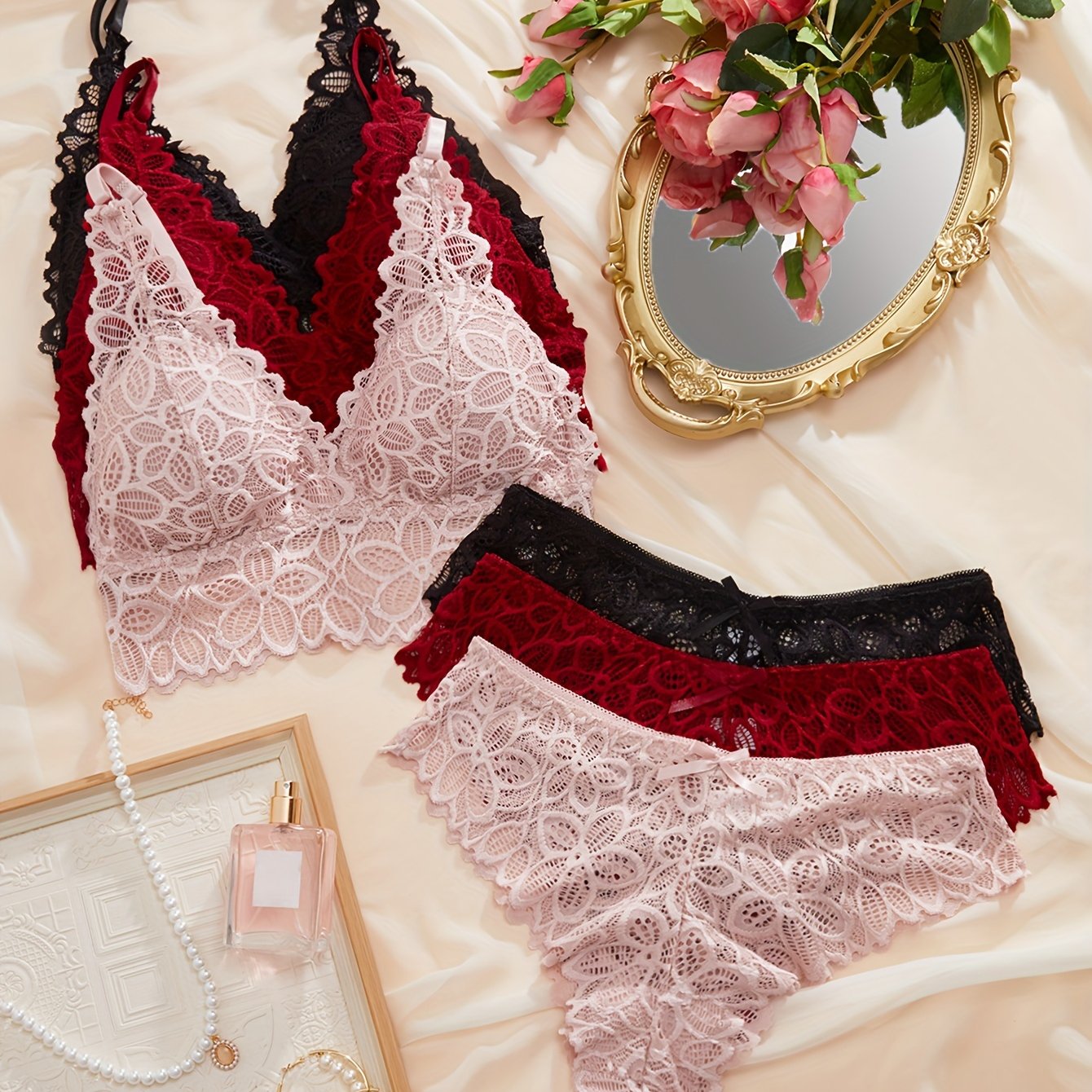 Valentine's Day lingerie sets featuring floral lace bras and panties, wireless and elastic designs for women.