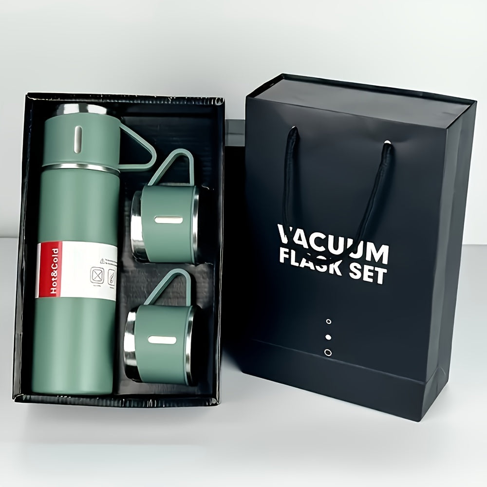 Gift-ready Stainless Steel Vacuum Insulated Water Bottle Set with 3 Cup Lids. This 500ml Travel Thermal Mug keeps drinks hot or cold for hours, making it ideal for both summer and winter use. The set is food contact safe, making it a perfect gift option.