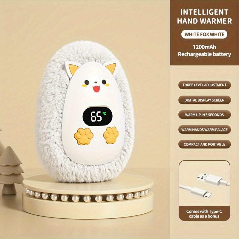 Cute Cartoon Design Portable Hand Warmer with Fluffy Cover, Rechargeable via USB, 1200mAh Lithium Battery, 3W Round Plastic Electric Space Heater, Quickly Heats up in 5 Seconds