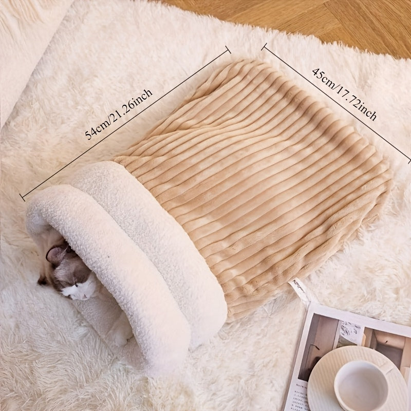 360° Wrap Plush Cat Sleeping Bag with temperature locking feature, perfect for winter. Beige/Light Brown, Snuggle Wrap Design, Polyester Fiber Fill.