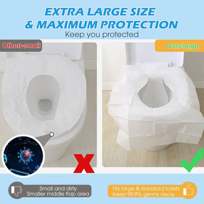 80/10 pack of biodegradable flushable paper toilet seat covers for adults and potty training, ideal for public restrooms, airplanes, and camping.