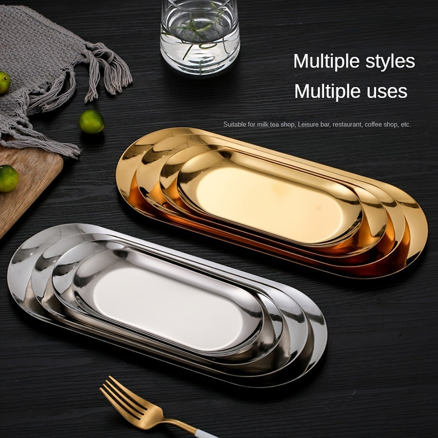 Stainless steel oval plate for Korean cuisine, snacks, and desserts, suitable for home, restaurant, picnic, and parties.