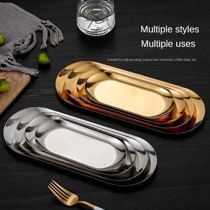 Stainless steel oval plate for Korean cuisine, snacks, and desserts, suitable for home, restaurant, picnic, and parties.