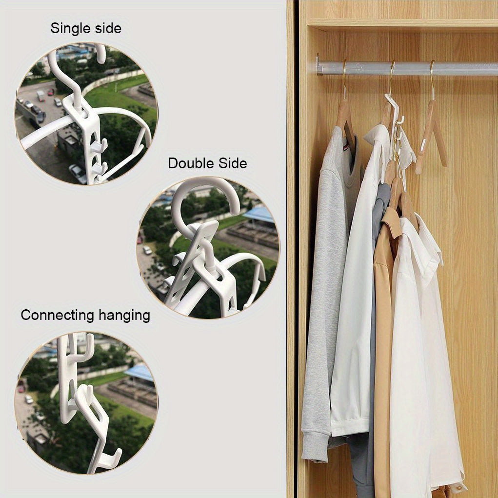 4-piece heavy-duty plastic hanger set with 3 hooks for efficient storage of clothes. Easy to install and a modern wardrobe essential. Great for shirts, jeans, scarves, and coats.