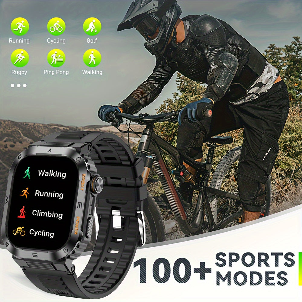 New durable smart watch for men with wireless calling, sports and fitness features, AI voice assistance, and outdoor capabilities with phone connectivity.