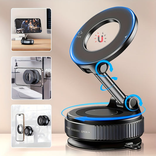 Vacuum adsorption bracket magnetic phone holder with 360-degree rotation. Compact, lightweight, and suitable for all smartphones, including iPhone 16/15/14/13/12. Can be used in the car