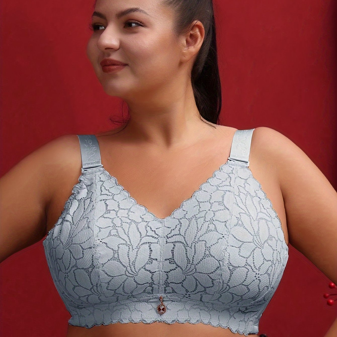 Stylish French-inspired plus size lace bralette with floral print - thin, wireless, breathable, and slimming.