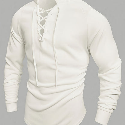 Men's casual stand collar lace-up neck t-shirt made of polyester blend knit fabric with medium stretch in a solid color, regular fit for spring/fall.