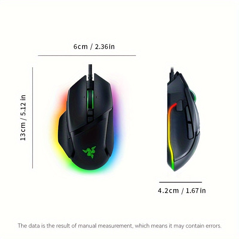 Razer Basilisk V3 gaming mouse: High-speed switch, customizable design, Chroma RGB lighting, 26K DPI sensor, 11 programmable buttons, HyperScroll tilt wheel.