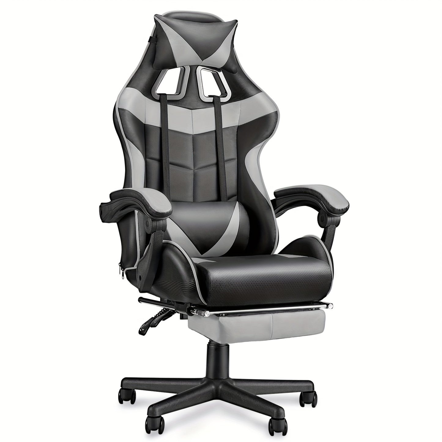 Ergonomic gaming chair with footrest, high back, adjustable headrest and lumbar support in white and black for home office.