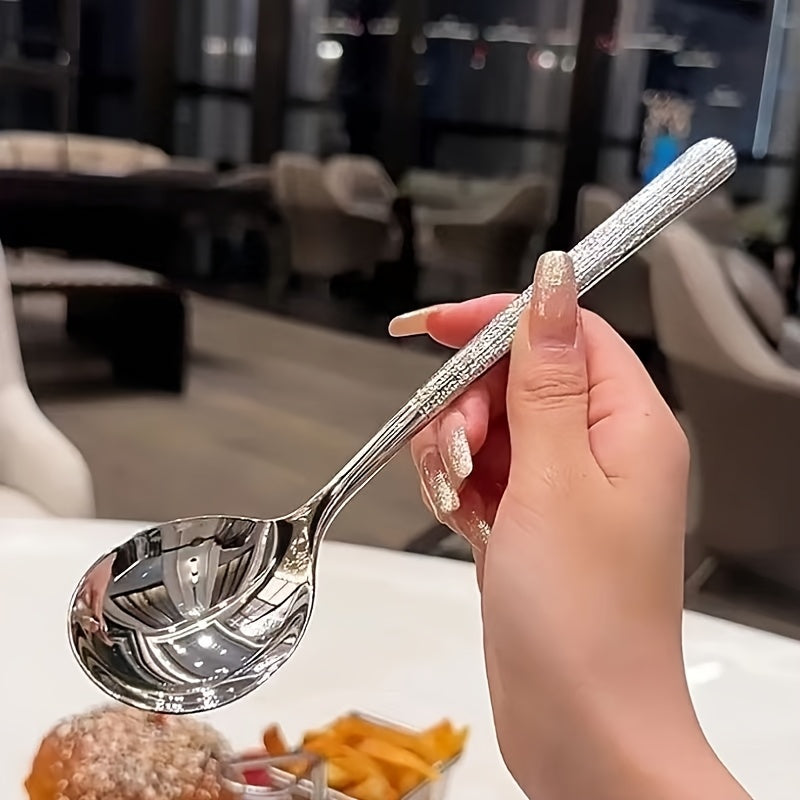 Upgrade your dining experience with our elegant New Light Luxury Hammer Pattern Stainless Steel Spoons. Available in sets of 4pcs, 8pcs, 12pcs, and 15pcs, these spoons are perfect for use in restaurants, for main course meals, for everyday use at home