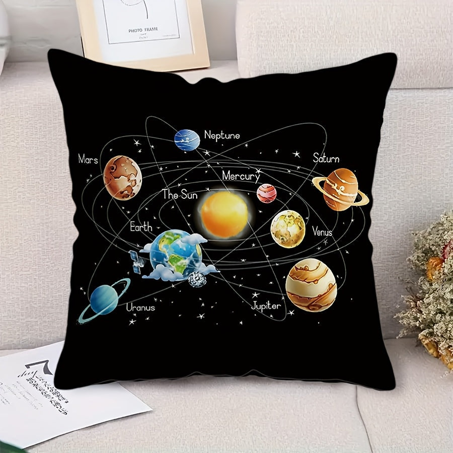 Solar System themed throw pillow cover made of polyester, measuring 44.96x44.96 cm. Features a contemporary style with a single-sided galaxy print including planets and stars. Machine washable with a zip closure for easy removal and cleaning. Perfect for