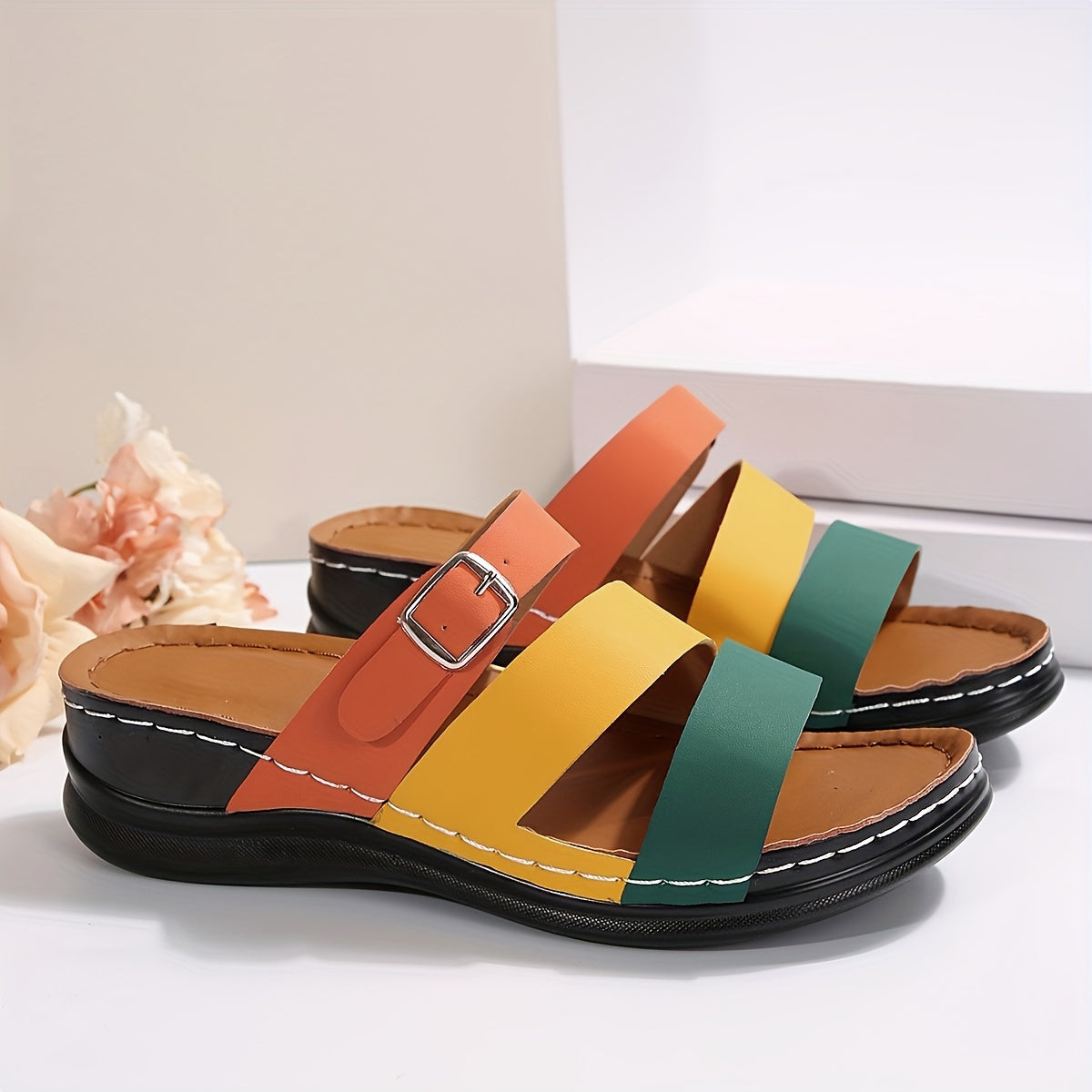 Colorblock slide sandals with thick sole and buckle strap in orange, green, yellow, black - stylish beach shoes.