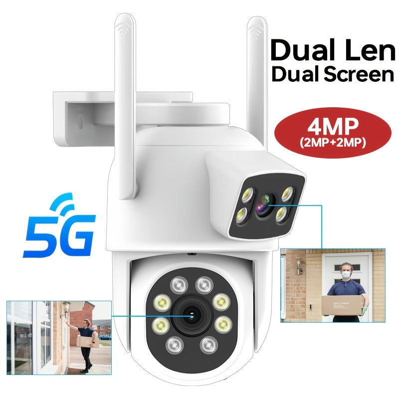 The ZHXINSD 4MP Dual Lens Smart Security Camera is an outdoor CCTV system that is WiFi enabled with features including Pan/Tilt, Auto Tracking, AI Human Detection, Color Night Vision, IP65 Waterproof, and Two-Way Audio.