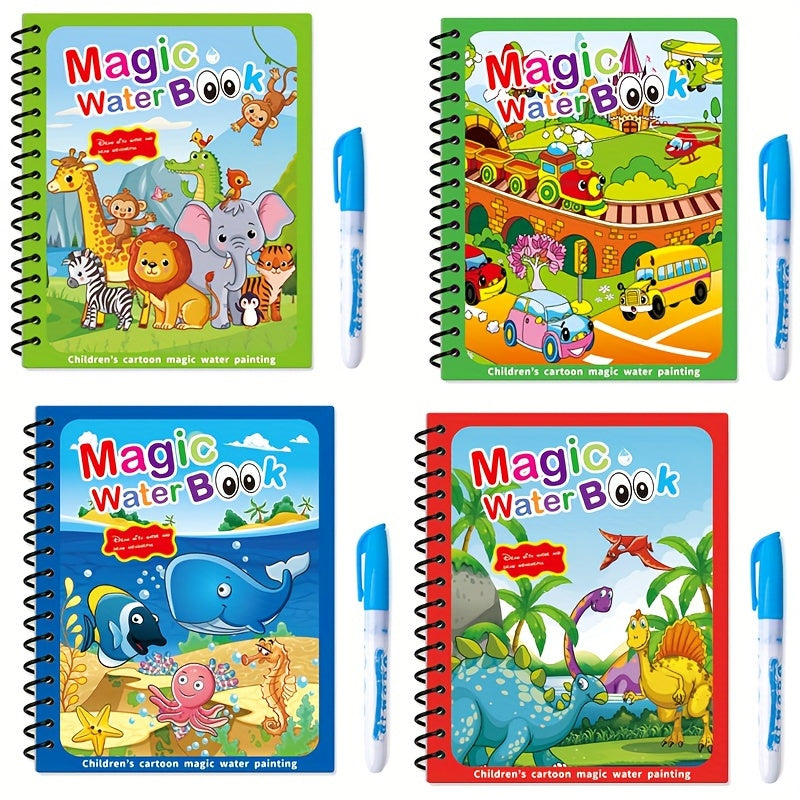 Magic Water Drawing Book for ages 3+ with reusable pad and water pen for creative learning.