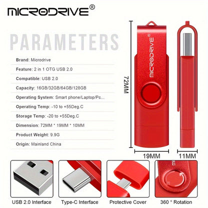 MiCRODRIVE USB 2.0 флешка емкостью 4 ГБ, 8 ГБ, 16 ГБ, 32 ГБ, 64 ГБ и 128 ГБ с 360-градусным вращающимся металлическим дизайном и совместимостью с Type-C для устройств Android. Доступна в черном и синем цветах.