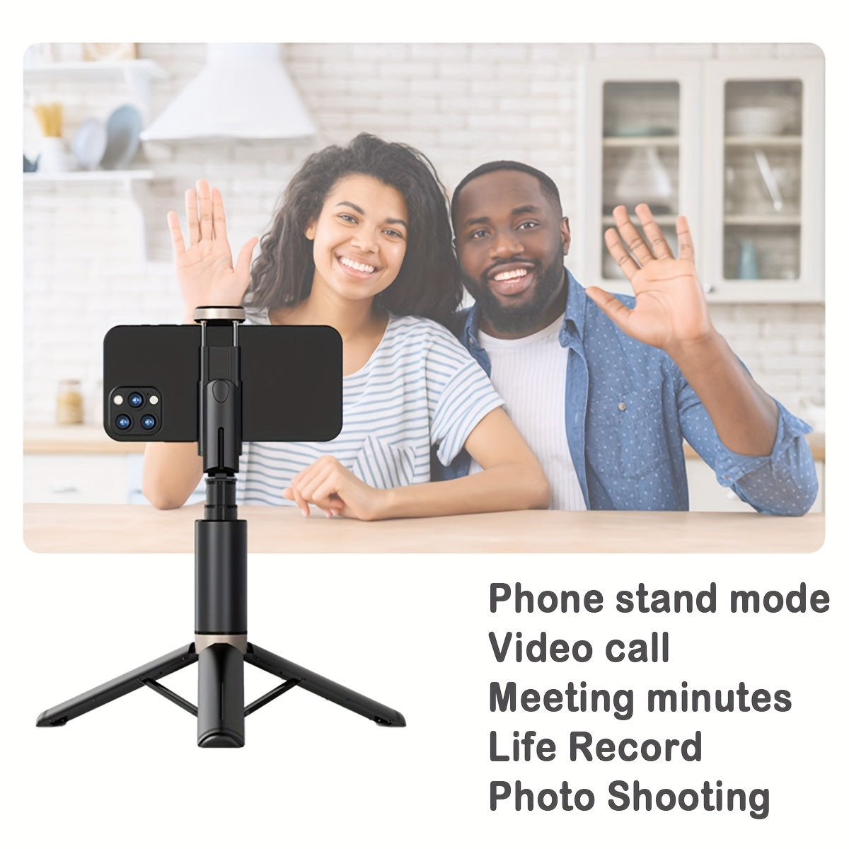 Extendable wireless selfie stick with remote, foldable phone tripod for smartphones with non-rechargeable button battery.