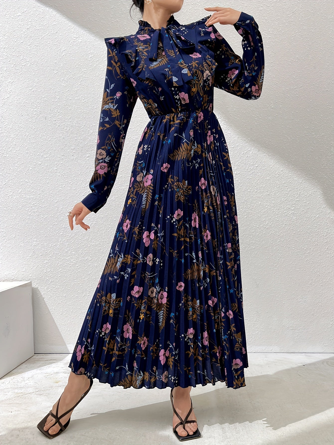 Floral print kaftan dress with tie neck and ruffle trim, elegant long sleeve pleated A-line maxi dress for women's clothing.