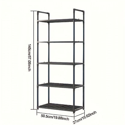 Multi-tier storage organizer rack with 1 piece construction - features 4 or 5 layers of plastic bracket shelves with a matte finish. Perfect for floor mounting in various spaces such as the kitchen, bathroom, or bedroom. Simple assembly, durable