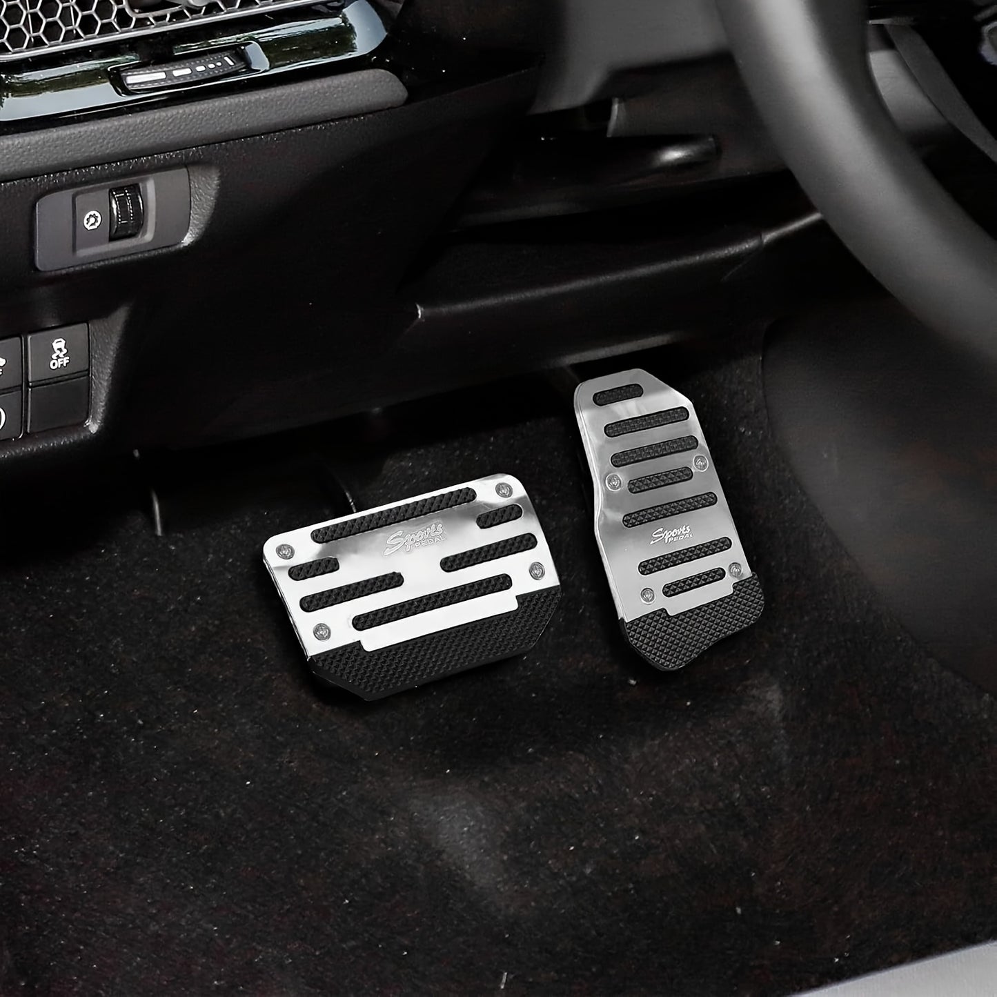 Car pedal pad set includes 2 pieces for automatic transmission with non-slip alloy covers for brake, gas, and clutch pedals. Great for cars, SUVs, and ATVs.