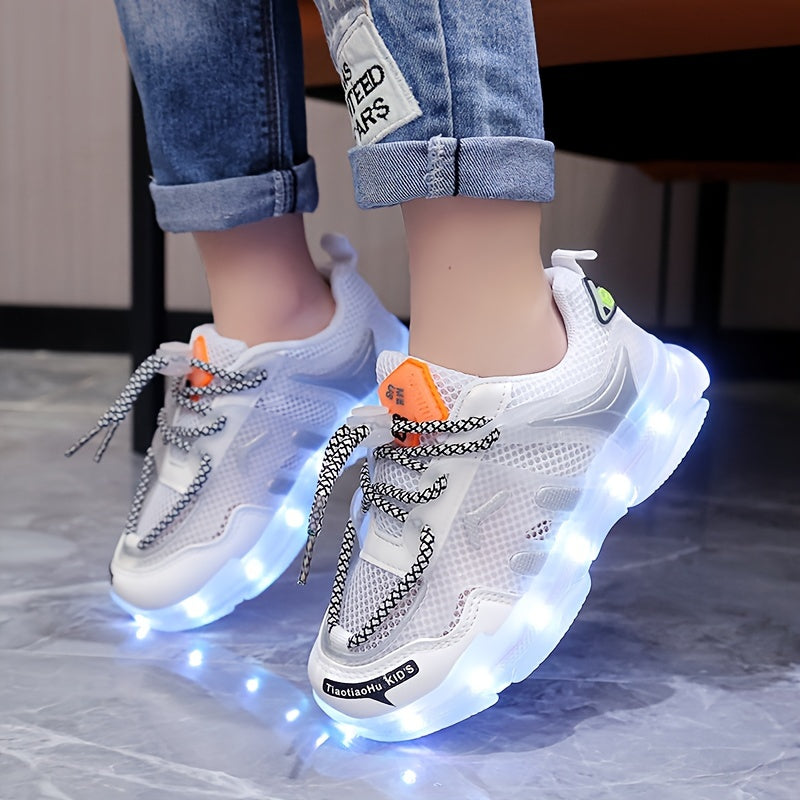 Children's LED light-up sneakers with breathable mesh, non-slip soft sole, and trendy street style for nighttime visibility, ideal for outdoor play and sports in white/blue/orange designs.